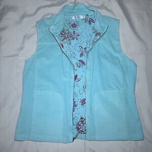 Fresh Produce Vest Womens XL Light Blue Corduroy Full Zip Floral Lined **READ**